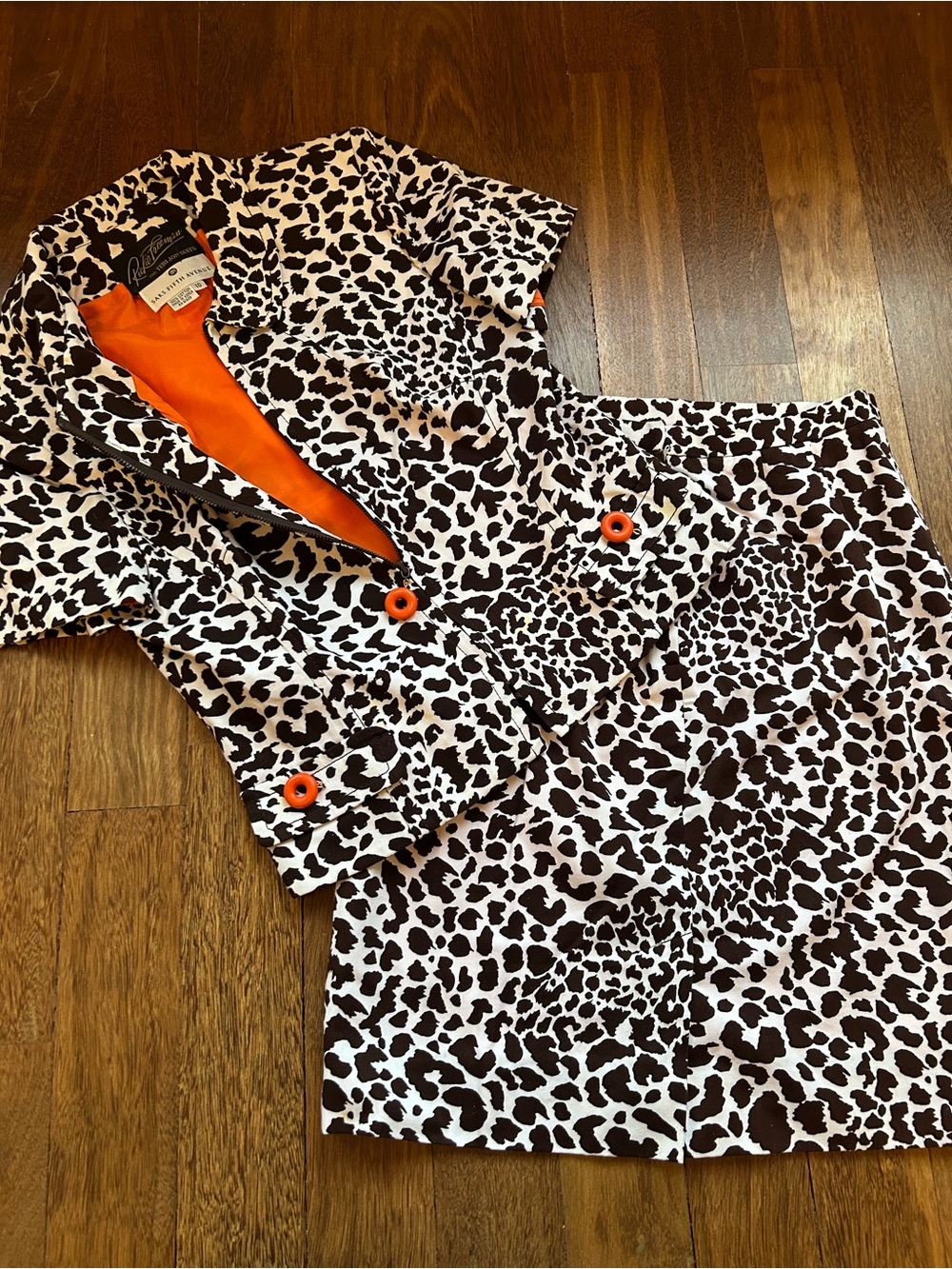 Teri Jon Brown and White Leopard Print Skirt Set with Orange Accents